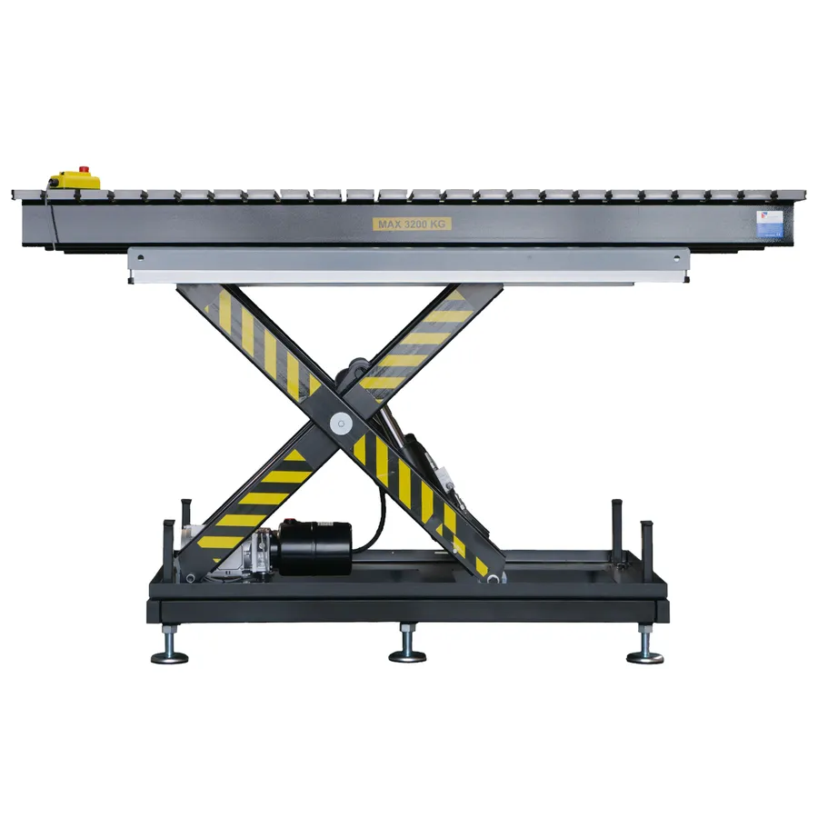 Seitenansicht des Hub-Schweißtisches mit angehobener Tischplatte für Hubfunktion