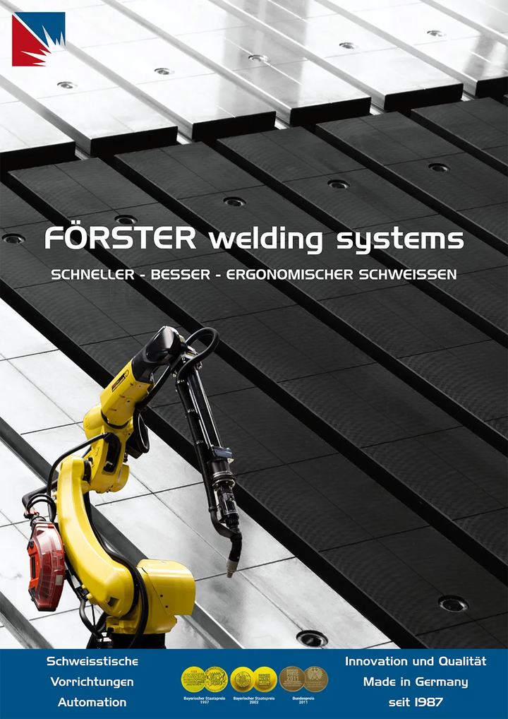 Titelbild des FÖRSTER Produktkatalogs mit Schweißroboterund einem Schweißtisch