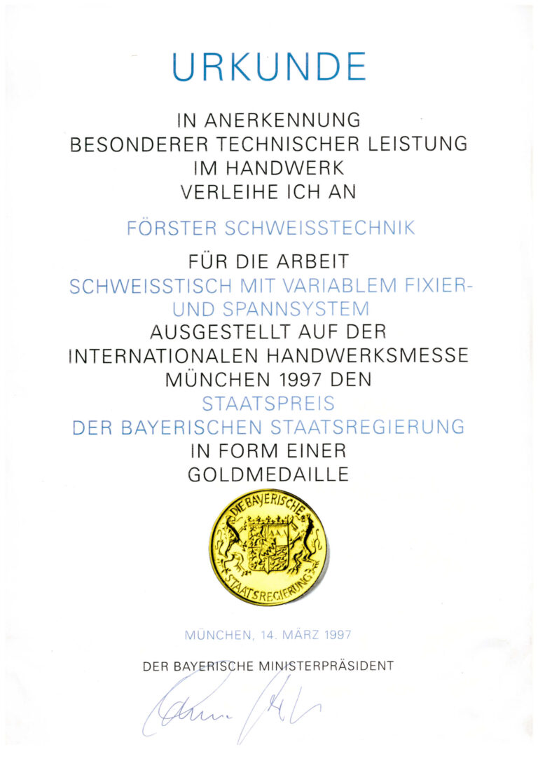 Preise – Bayrischer Staatspreis 1997 Urkunde