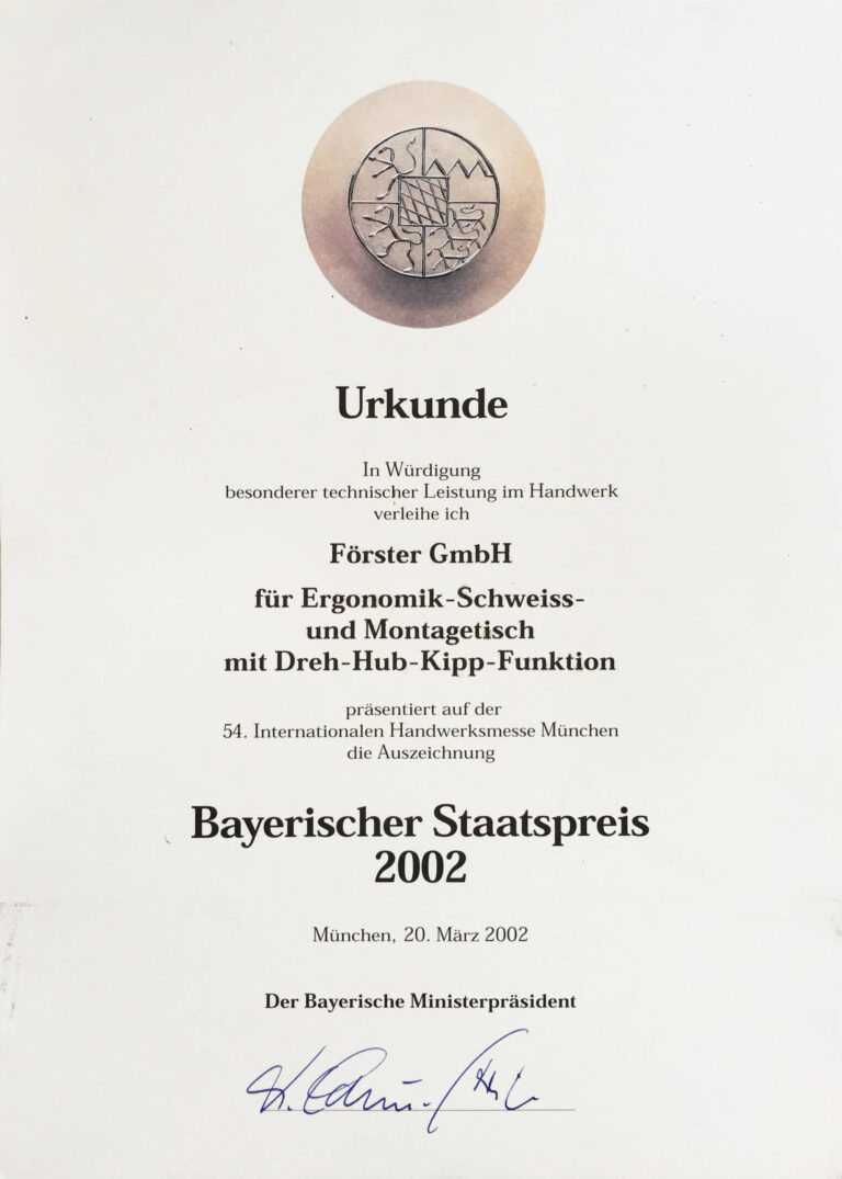 Preise – Bayrischer Staatspreis 2002 Urkunde